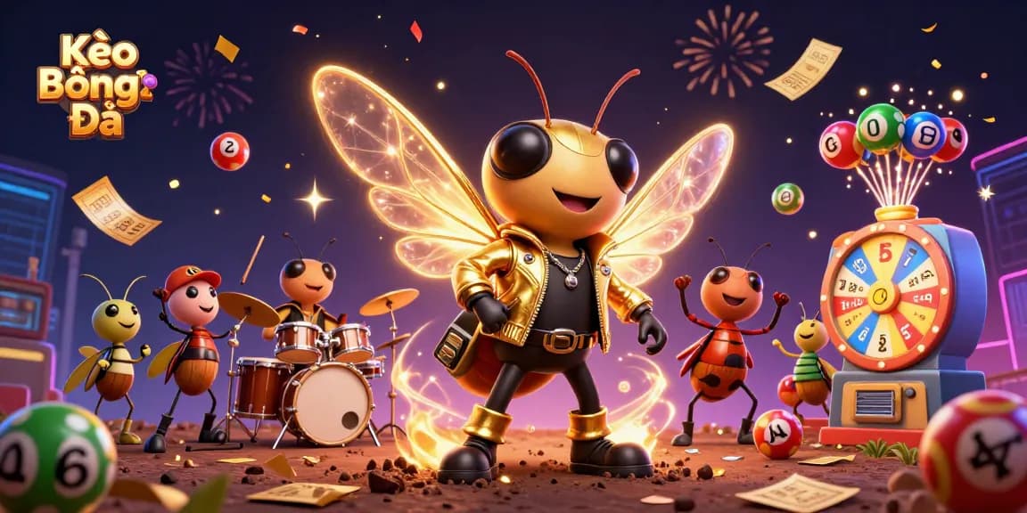 Kèo Bóng Đá bursts with excitement as lottery balls and confetti fill the scene in this vibrant illustration.