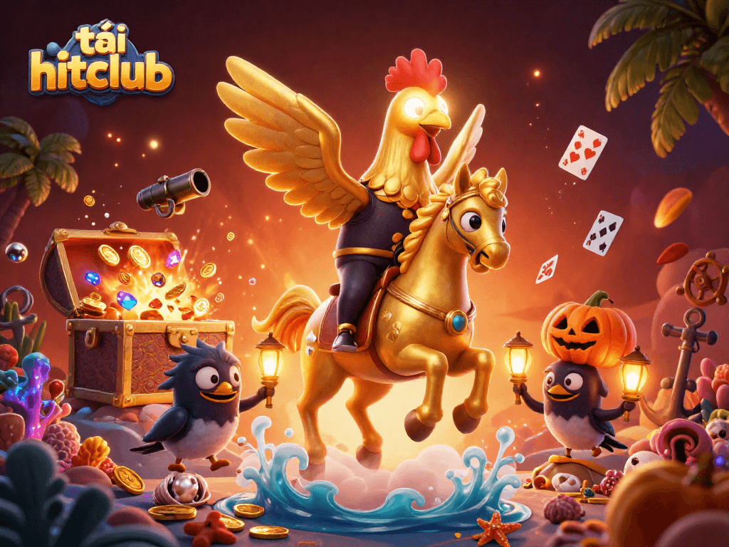 Experience thrill with tải hitclub as a golden rooster rides a spectral horse in a vibrant casino