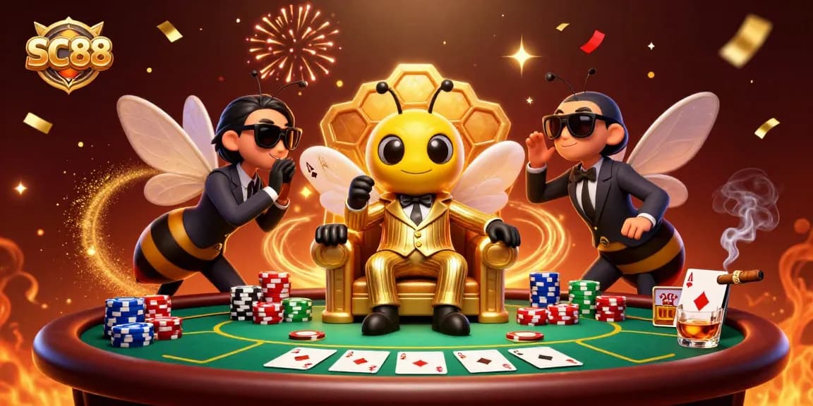 SC88 poker bumblebee mob boss surrounded by vibrant casino elements in a dynamic 3D illustration.
