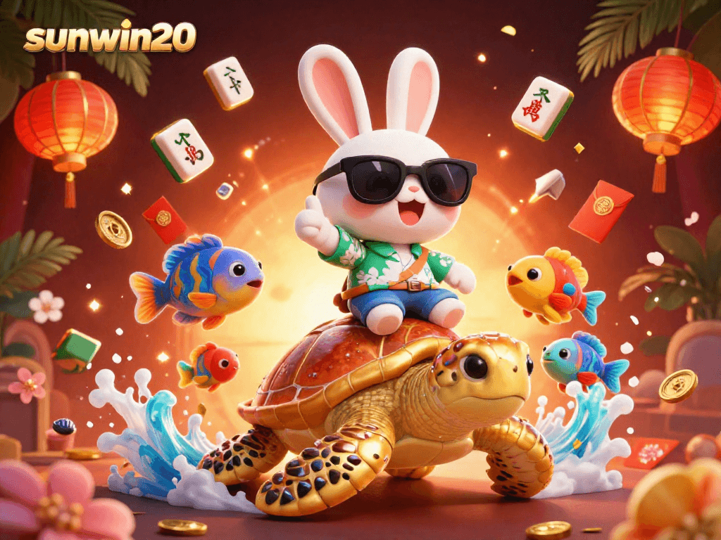 Experience excitement with sunwin20 in this vibrant 3D casino illustration of luck and fun.
