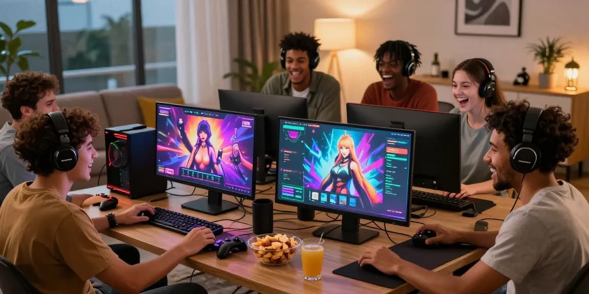 Enthusiastic friends enjoying online sex games at a cozy gaming setup.