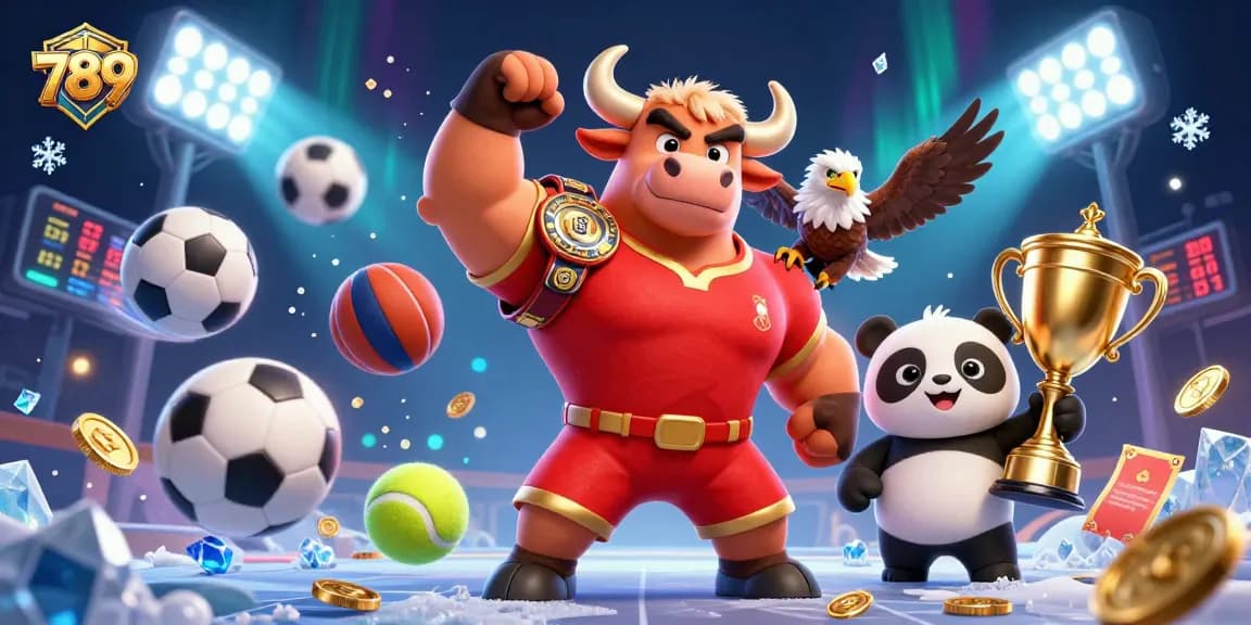 Win big at 789 with dynamic 3D casino elements featuring a bull mascot, eagle, and panda.