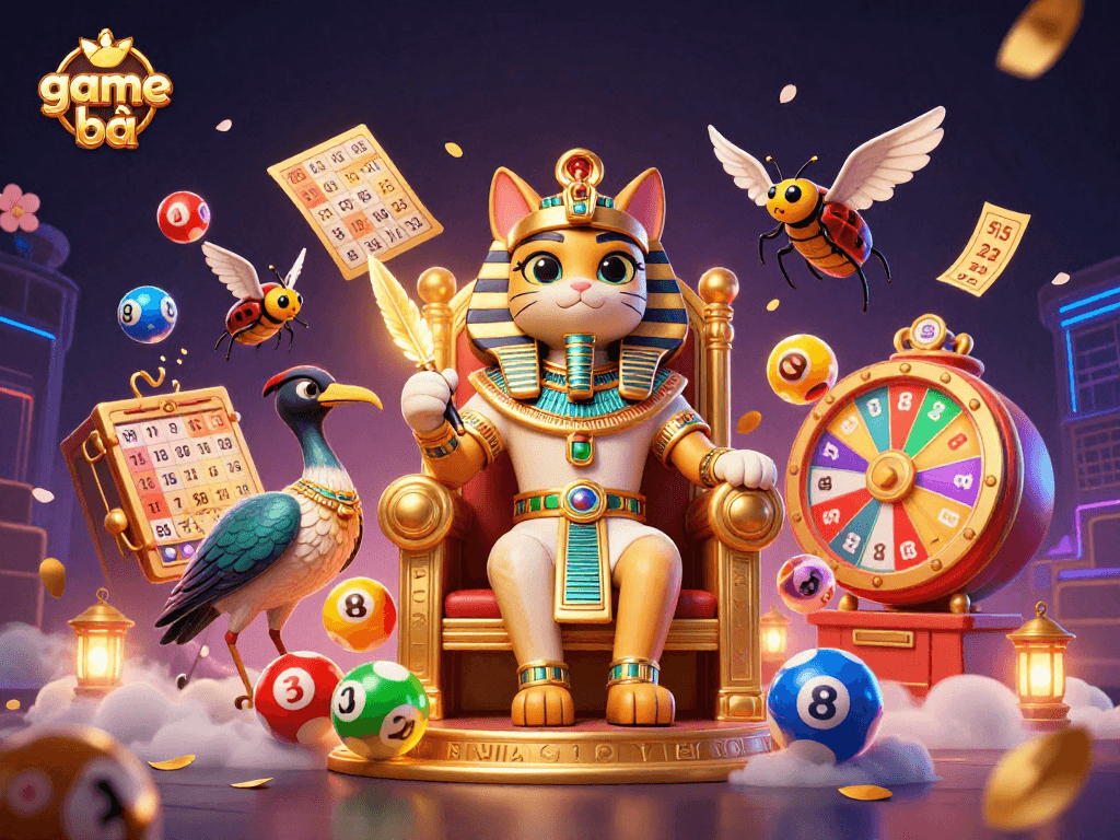 Engage in game bài excitement with an ultra-detailed scene of a pharaoh cat and gaming elements.