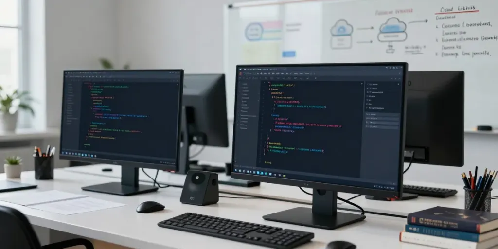 Web app vulnerability assessment in a modern developer workspace with multiple screens and tech gadgets.