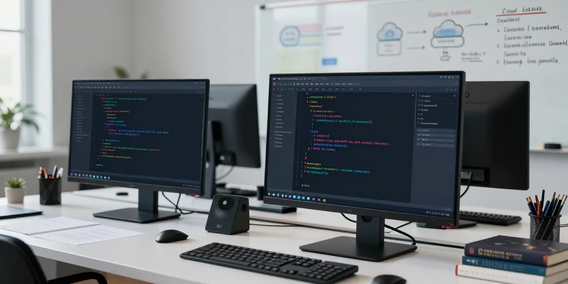 Web app vulnerability assessment in a modern developer workspace with multiple screens and tech gadgets.