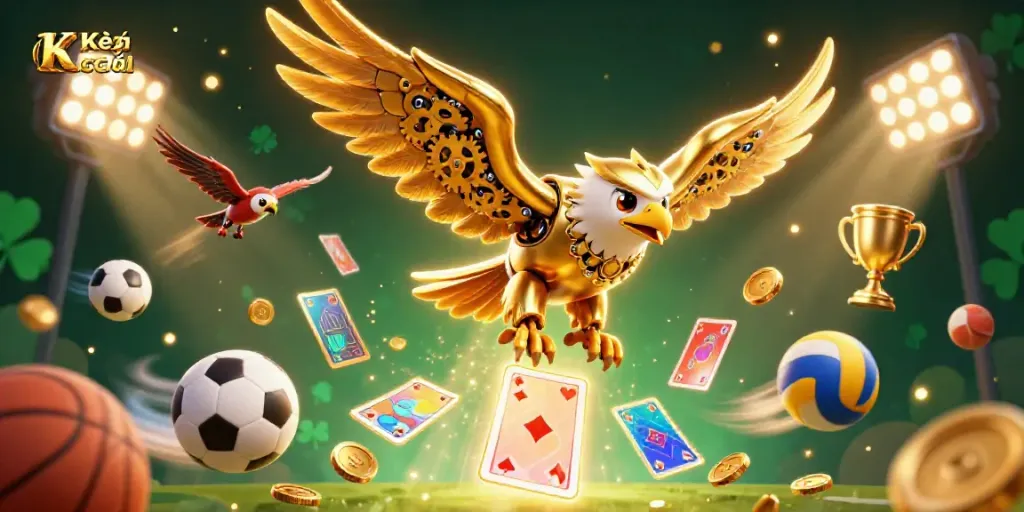 Kèo nhà cái showcases a thrilling scene with a 3D cartoon eagle among sports elements in dynamic action.