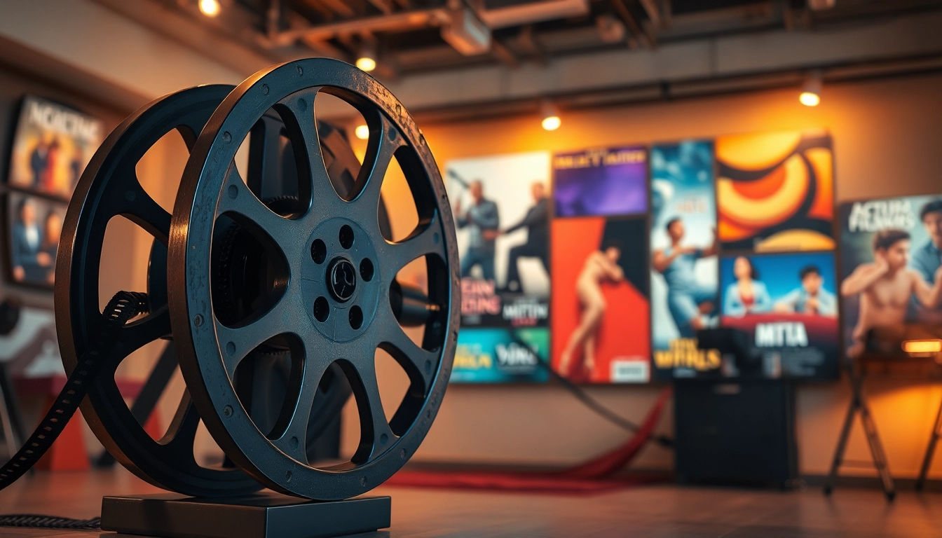 หนังออนไลน์ ซีนภาพยนตร์พร้อมกับรีลฟิล์มและโปสเตอร์ที่มีชีวิตชีวา