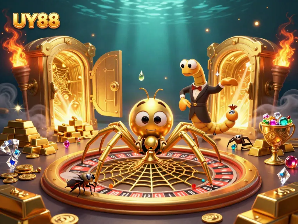 Experience thrilling bets at UY88 with a spider-themed roulette wheel illustration!