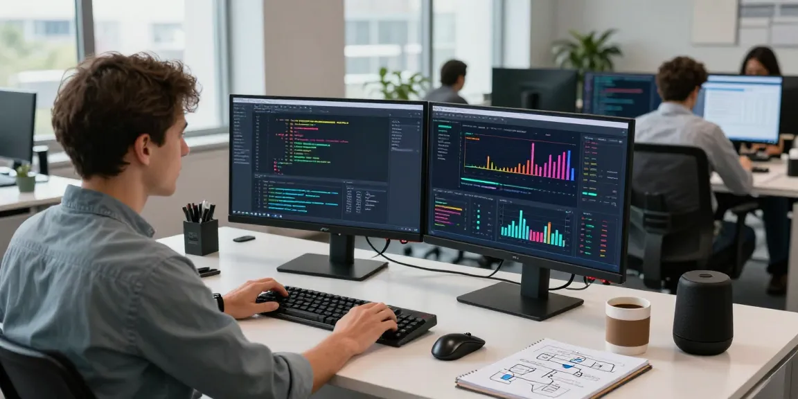API management workspace with a software engineer analyzing traffic data using Waygrid on dual screens.