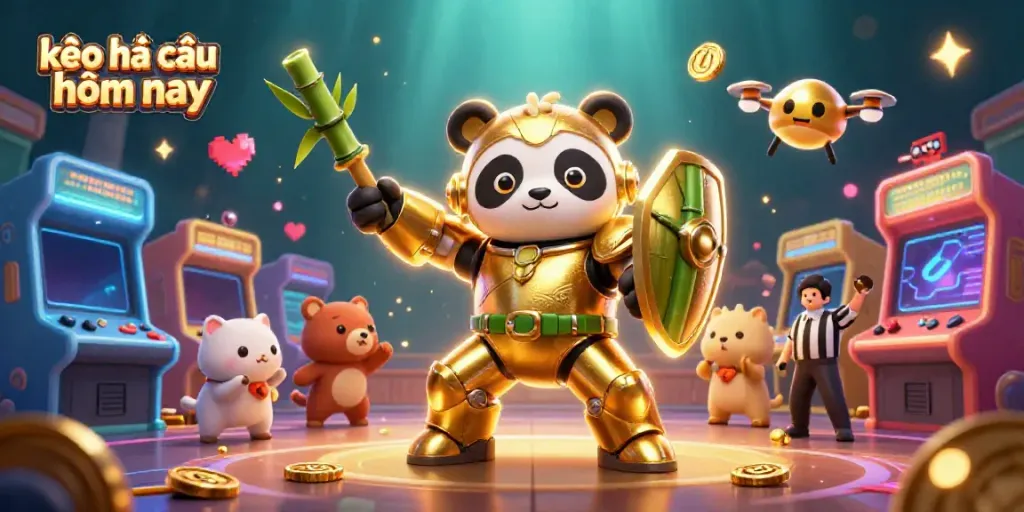 Engage with kèo nhà cái hôm nay in a dynamic 3D arena featuring a golden panda piloting a bamboo robot.