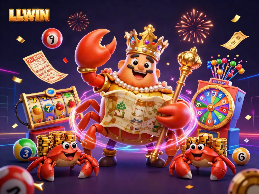 LLWIN showcases a grand golden crab emperor and vibrant slots with energetic atmosphere