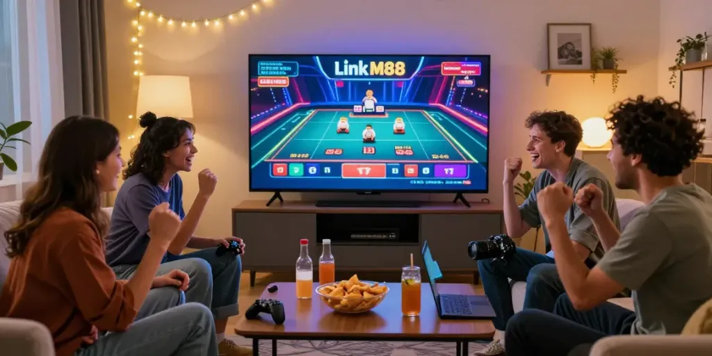 Friends enjoying online gaming on Link M88 in a cozy living room with snacks and drinks.