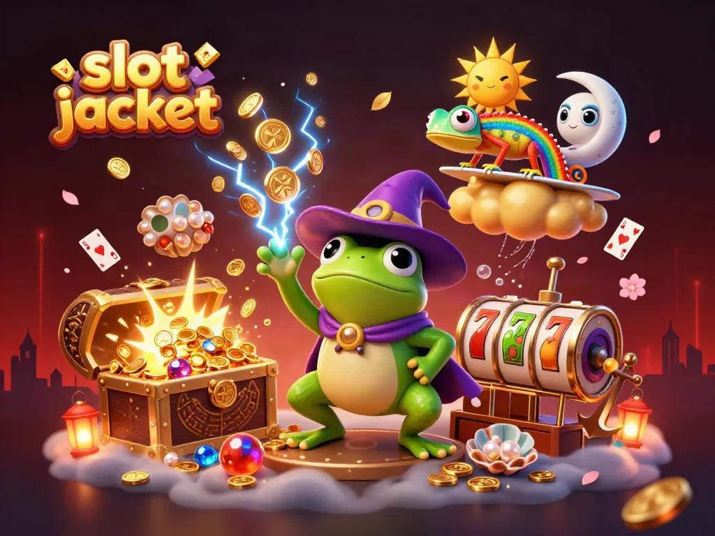 Memenangkan slot jackpot dengan ilustrasi kartun 3D si kodok penyihir dan chameleon pelangi yang penuh koin emas.