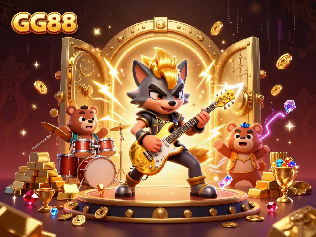 GG88 attracts players in a lively casino scene with a rock star wolf and drummer bear amid treasure.