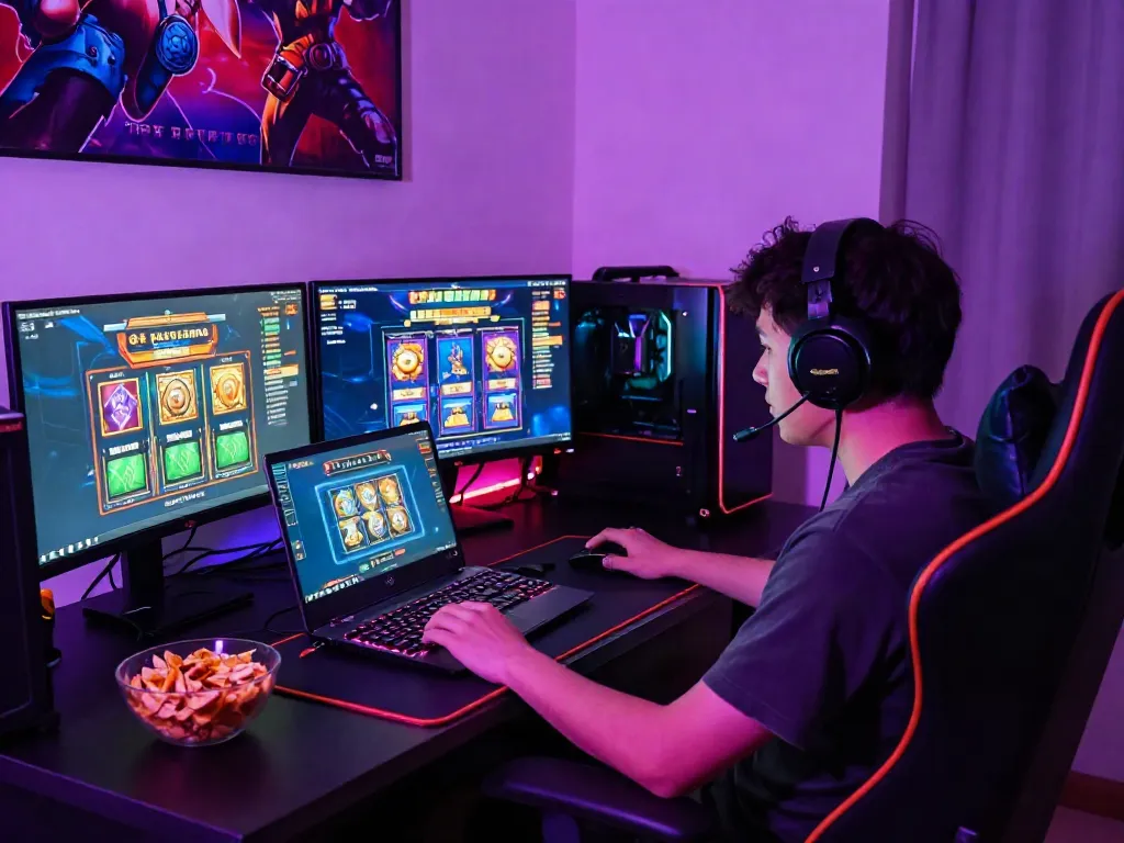 Player enjoying slot gacor on a laptop amidst vibrant LED lights and gaming gear