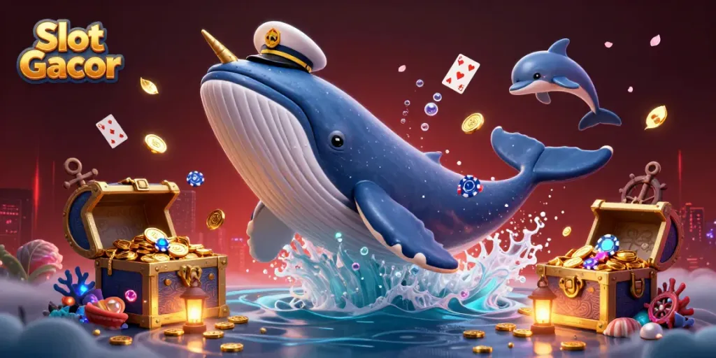 Slot Gacor dalam ilustrasi 3D menampilkan ikan paus besar dengan koin dan simbol permainan.