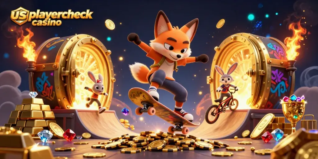 Experience excitement with usplayercheck casino as a fox and rabbit perform thrilling tricks amidst gold and gems.