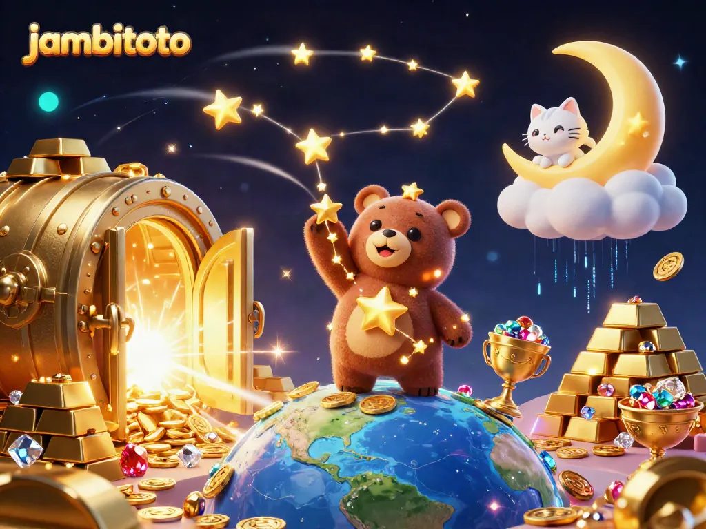Experience thrilling gaming with jambitoto, showcasing a constellation bear and treasure bursting with gems.