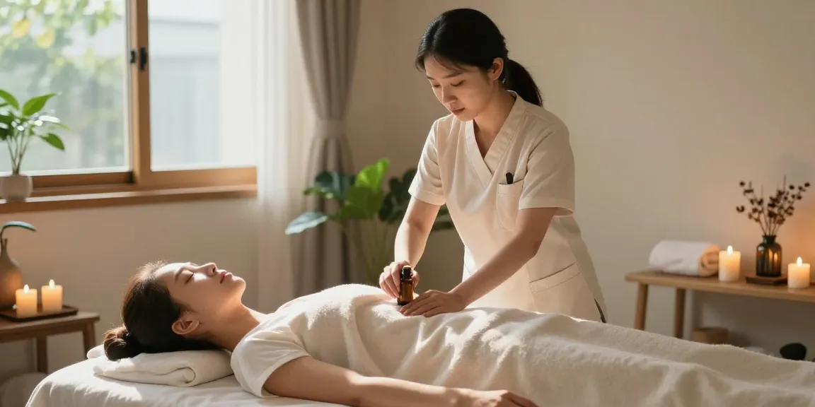 Relaxation session for 일산출장안마 services in a serene wellness environment with essential oils and calming elements.