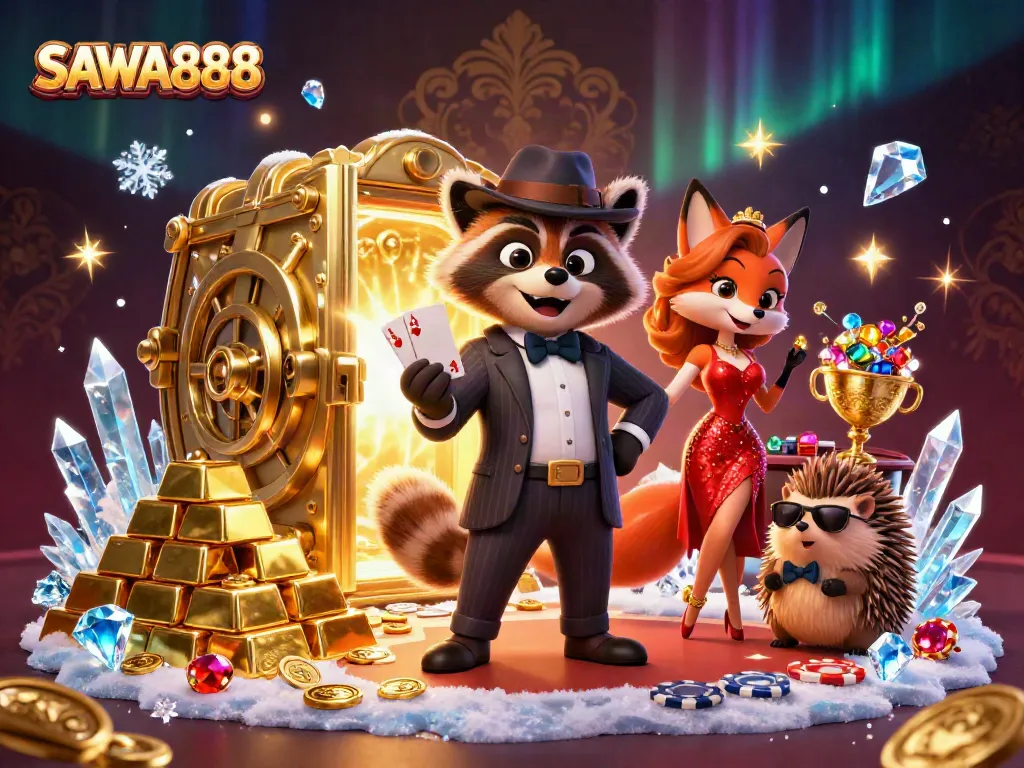 SAWA888 features suave raccoon, fox lady, and hedgehog bouncer in vibrant poker scene.