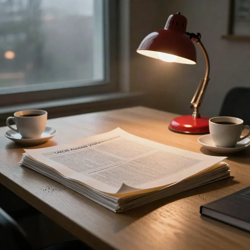 Pre-dawn newsroom table with proofs, coffee cups, red lamp, and misted glass in soft dawn light.