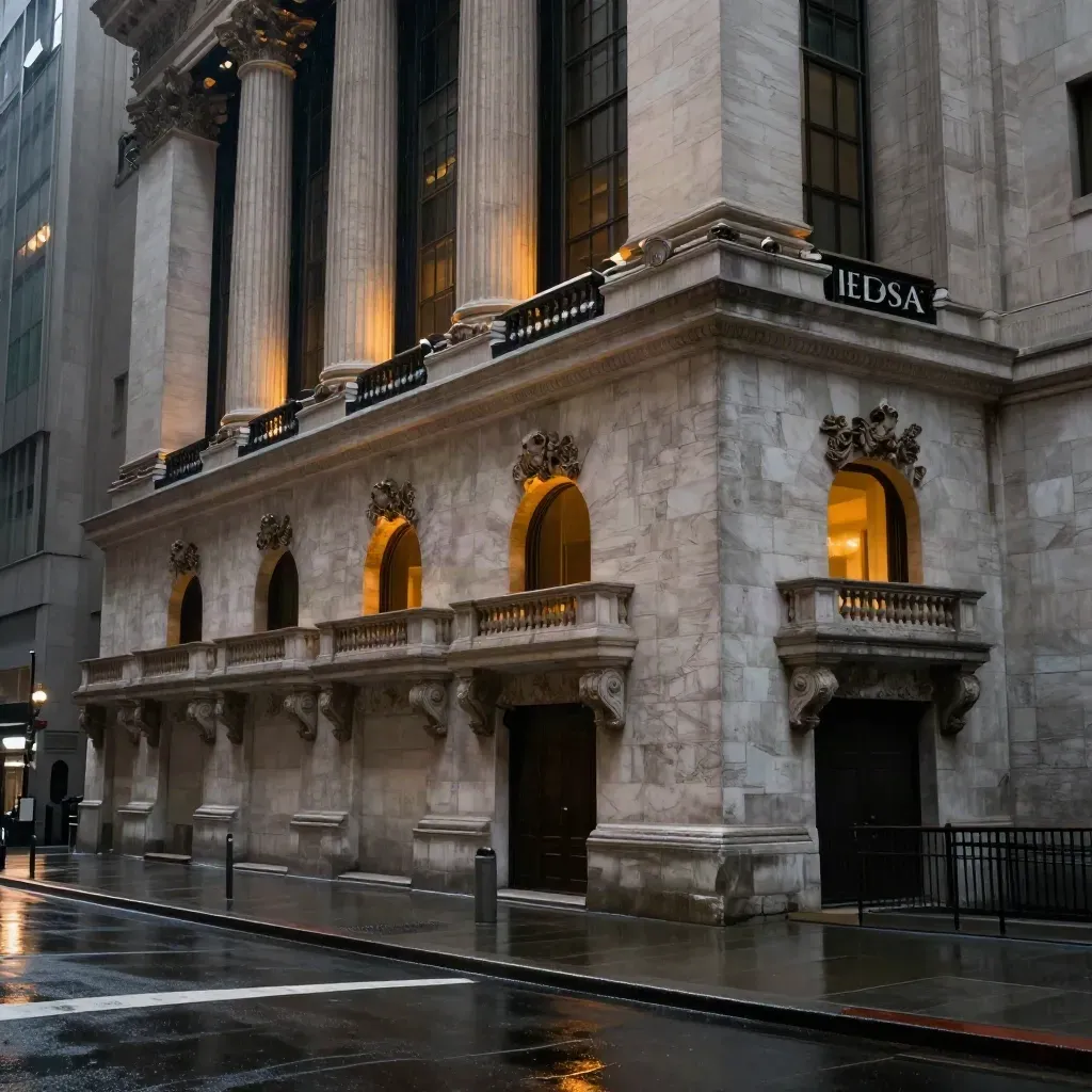 NYSE façade at blue hour in rain, glowing windows and wet stone