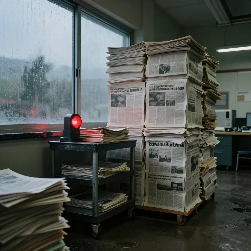 Newsroom loading bay with bundled broadsheets, rolling cart, red tally light, and rain-streaked glass.