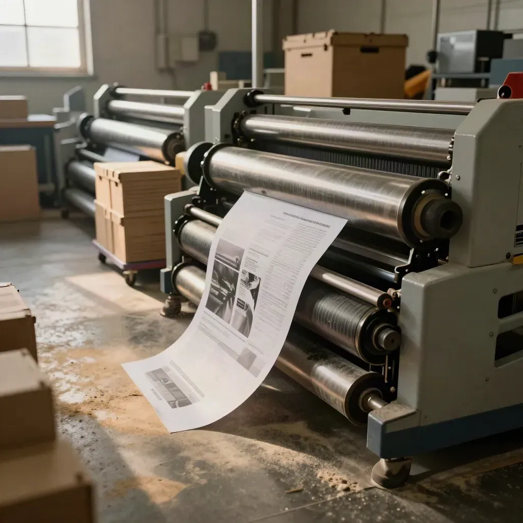 Low-angle view of a print finishing line with folded weekend inserts, steel rollers and paper dust.
