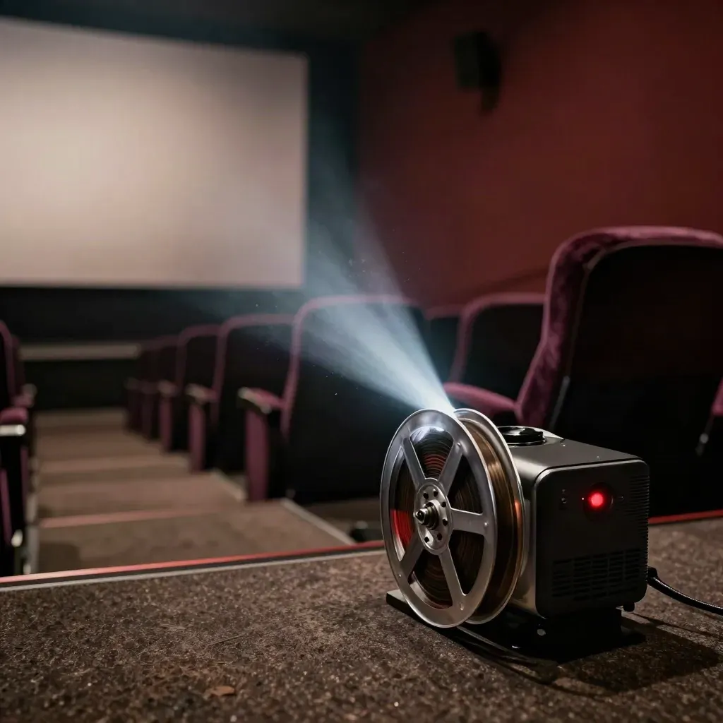 Dark cinema with projector beam, velvet seats, and a reel canister before the first frame rolls.