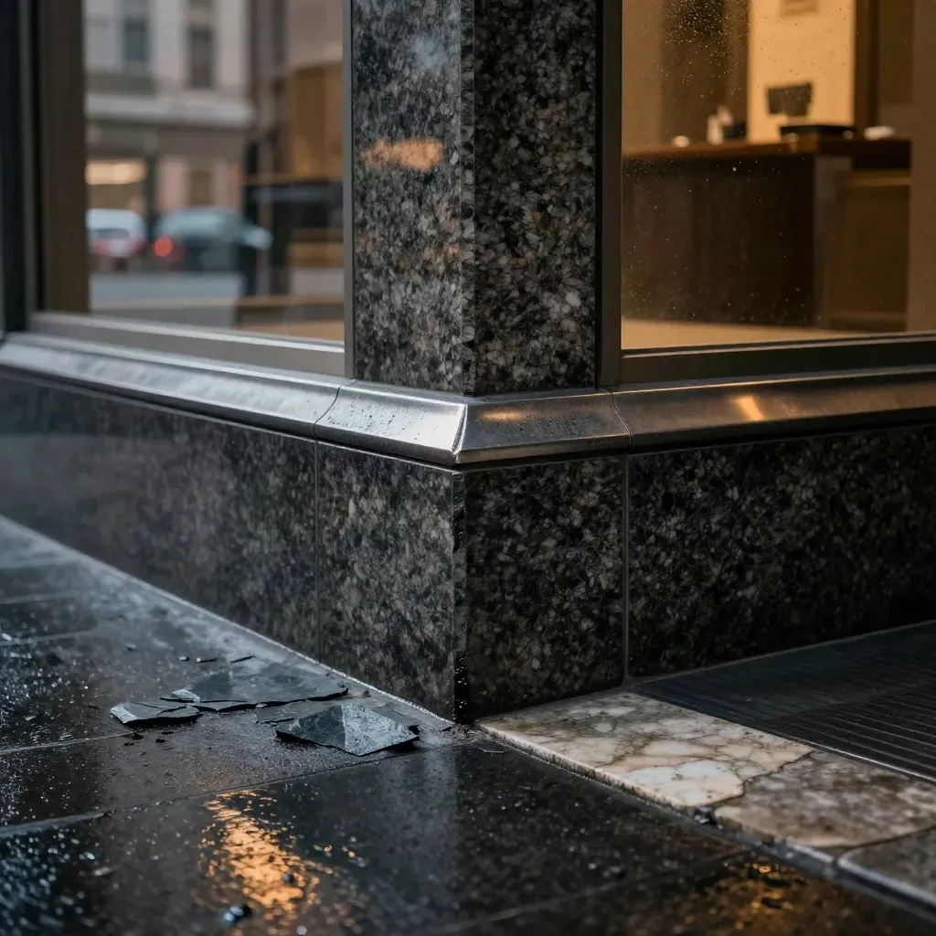 Rain-dark granite corner and lobby windows reflecting the last light on wet pavement.