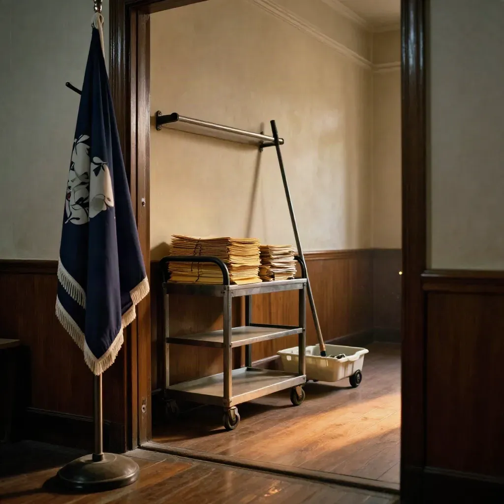 Empty city hall anteroom with flags, coat rack, folders and maintenance cart in warm evening light.