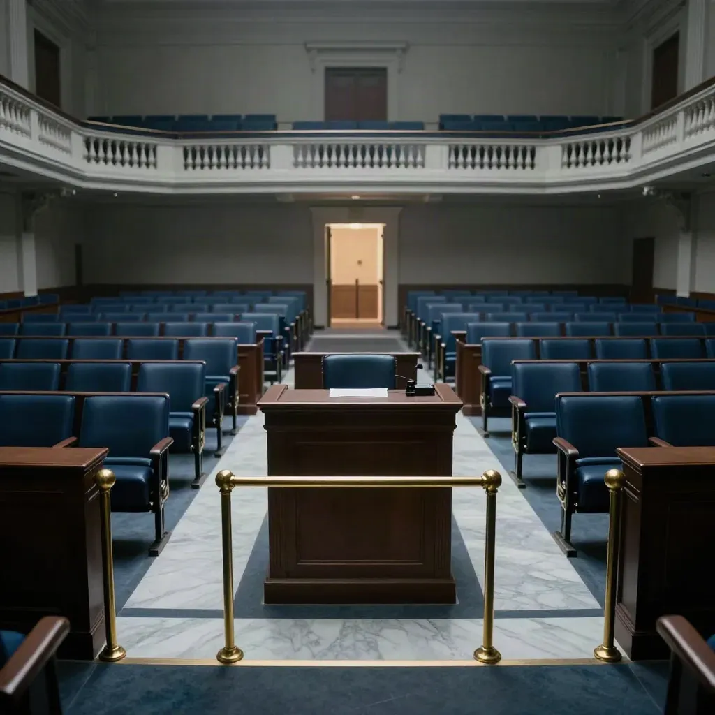 Empty House chamber with blue seats, brass rails, and a glowing doorway after a vote.