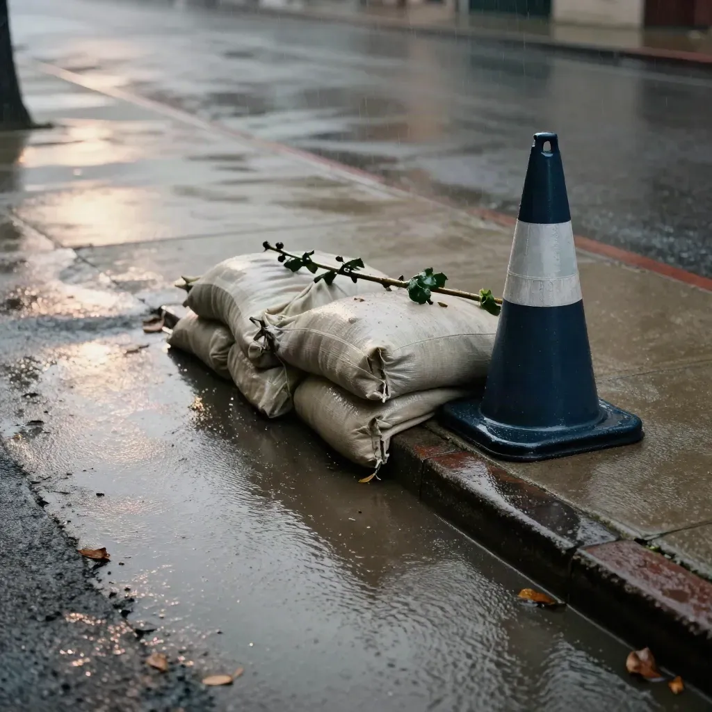 Storm cleanup on a rain-darkened sidewalk with sandbags, a branch, and a cone beside a puddle.