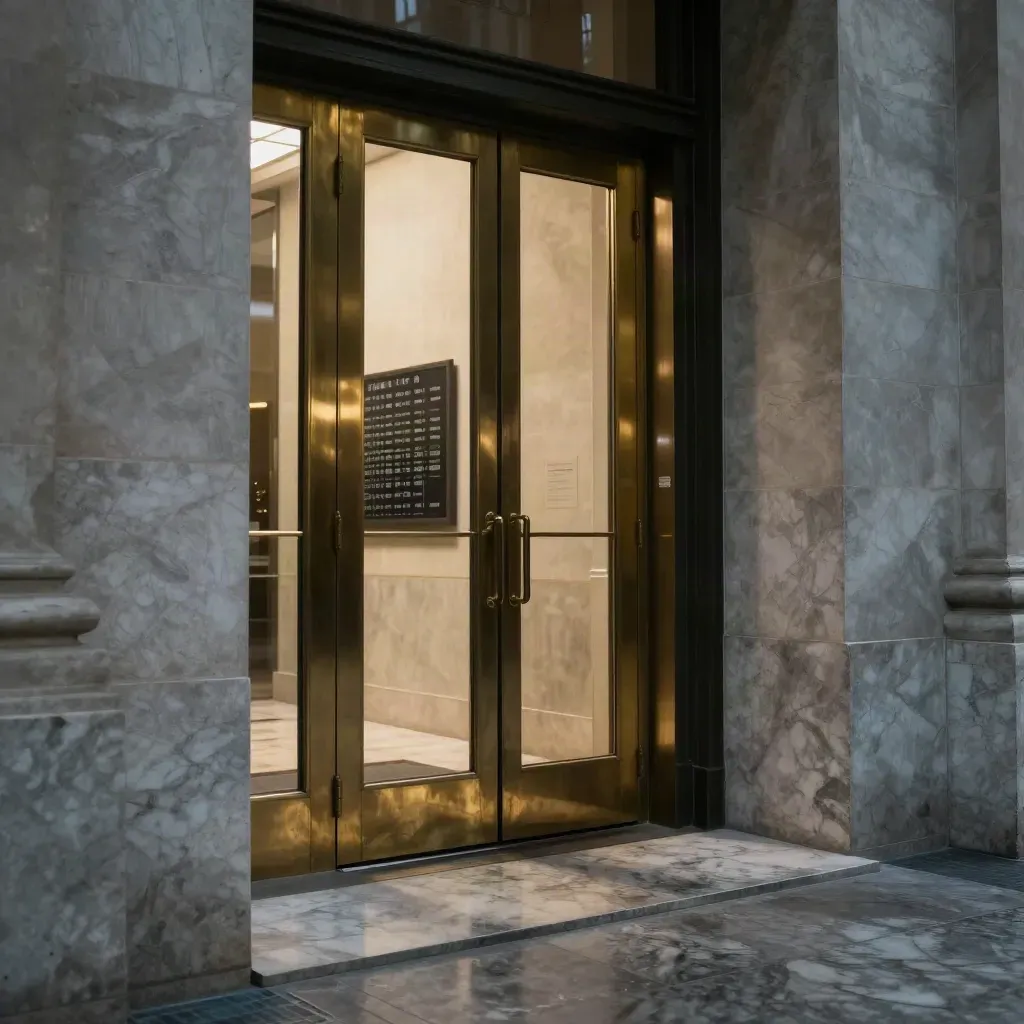 Low floor-level view through brass doors into a Federal Reserve lobby with wet marble and glowing reflections.
