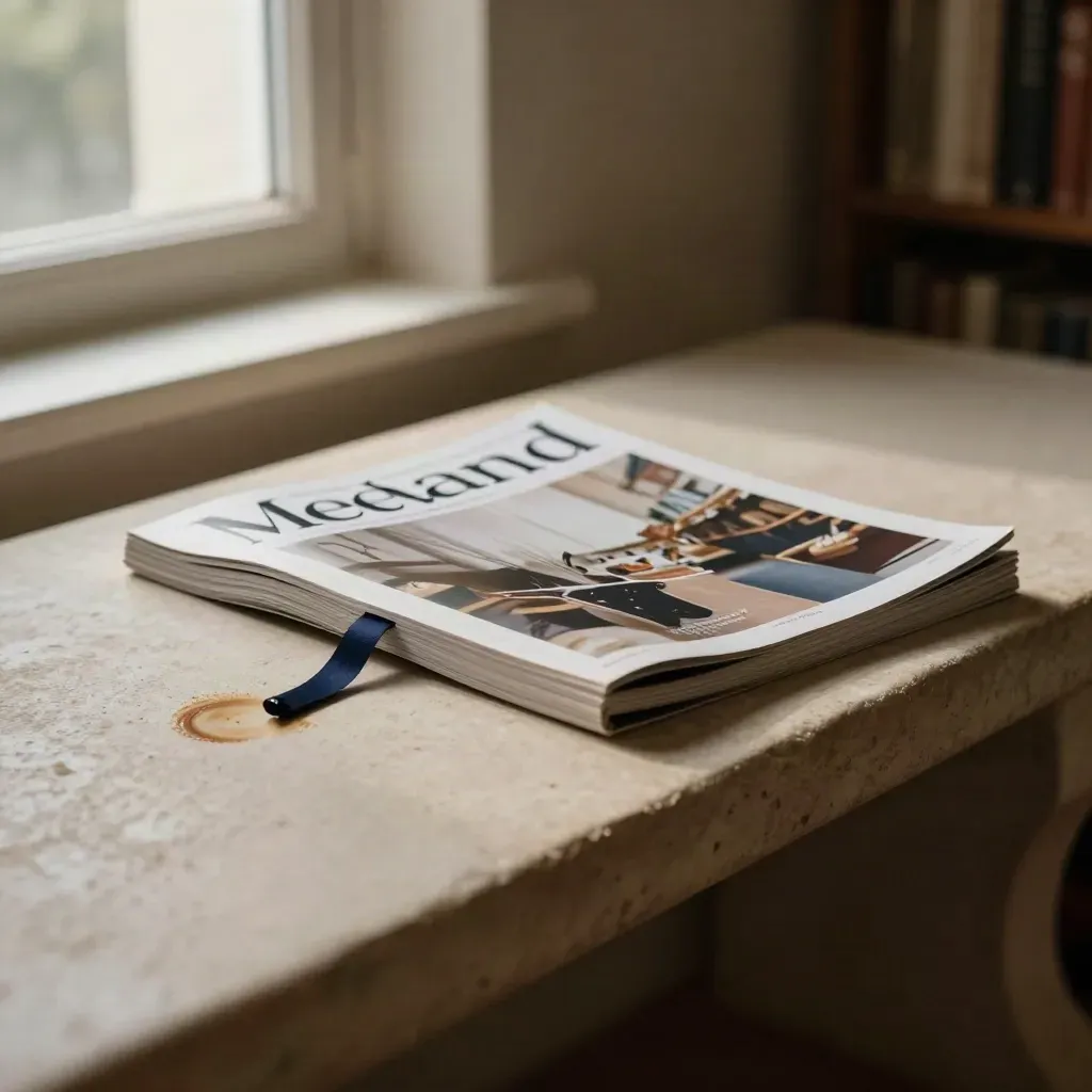 Weekend magazine on a stone bench by a library window, coffee ring, curled page, warm morning light.