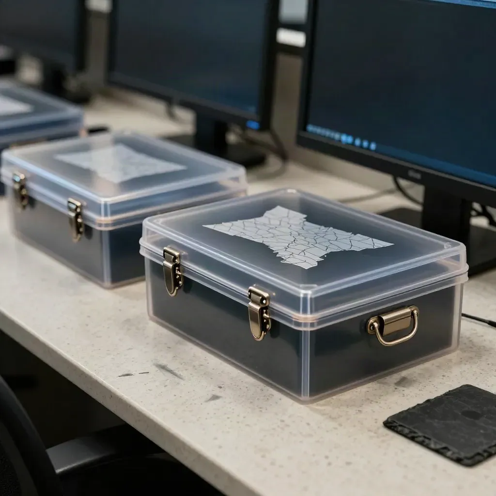 Sealed ballot boxes and glowing monitors in a tense election headquarters