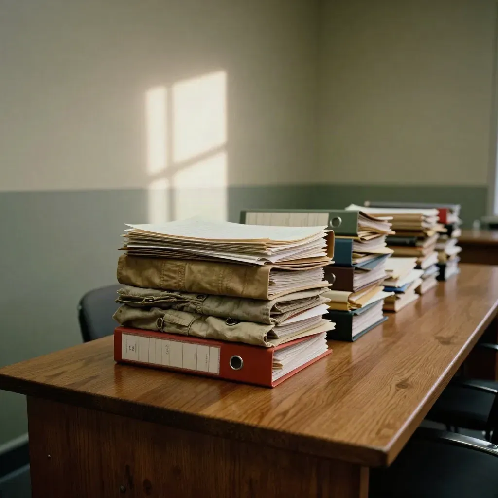 Closed budget binders on an oak table in a quiet office with window light.