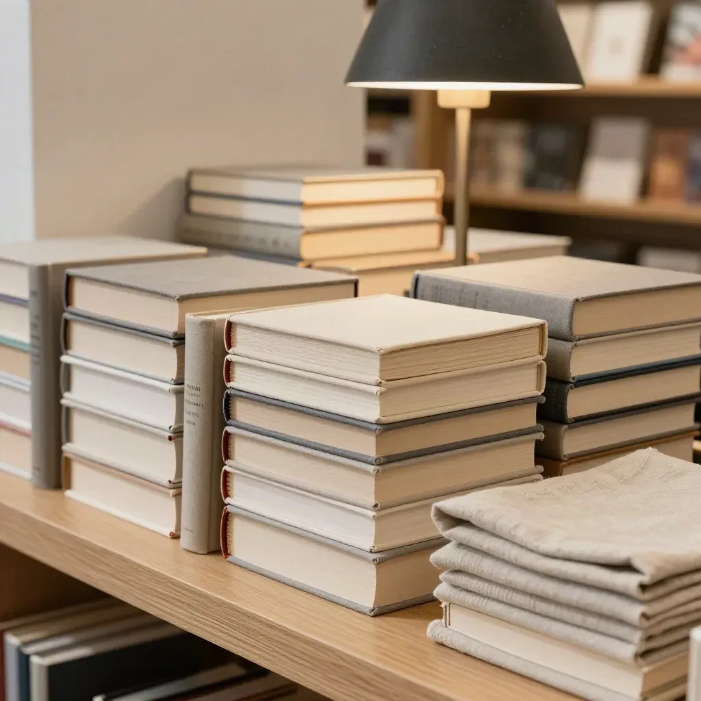 Stacked hardcovers, linen cloth, and a slate reading lamp on pale wood in a bookstore display.