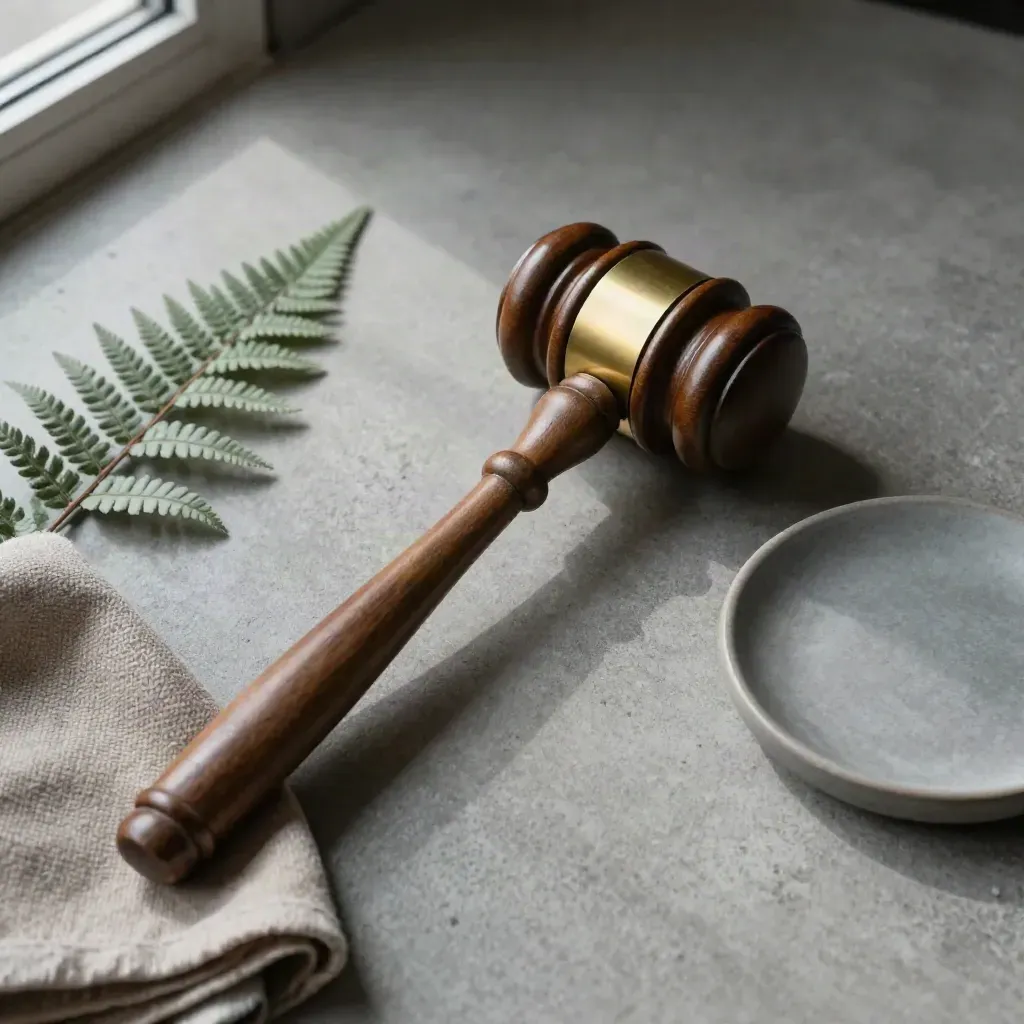 Walnut gavel, brass band, wool cloth, fern, and ceramic dish on concrete