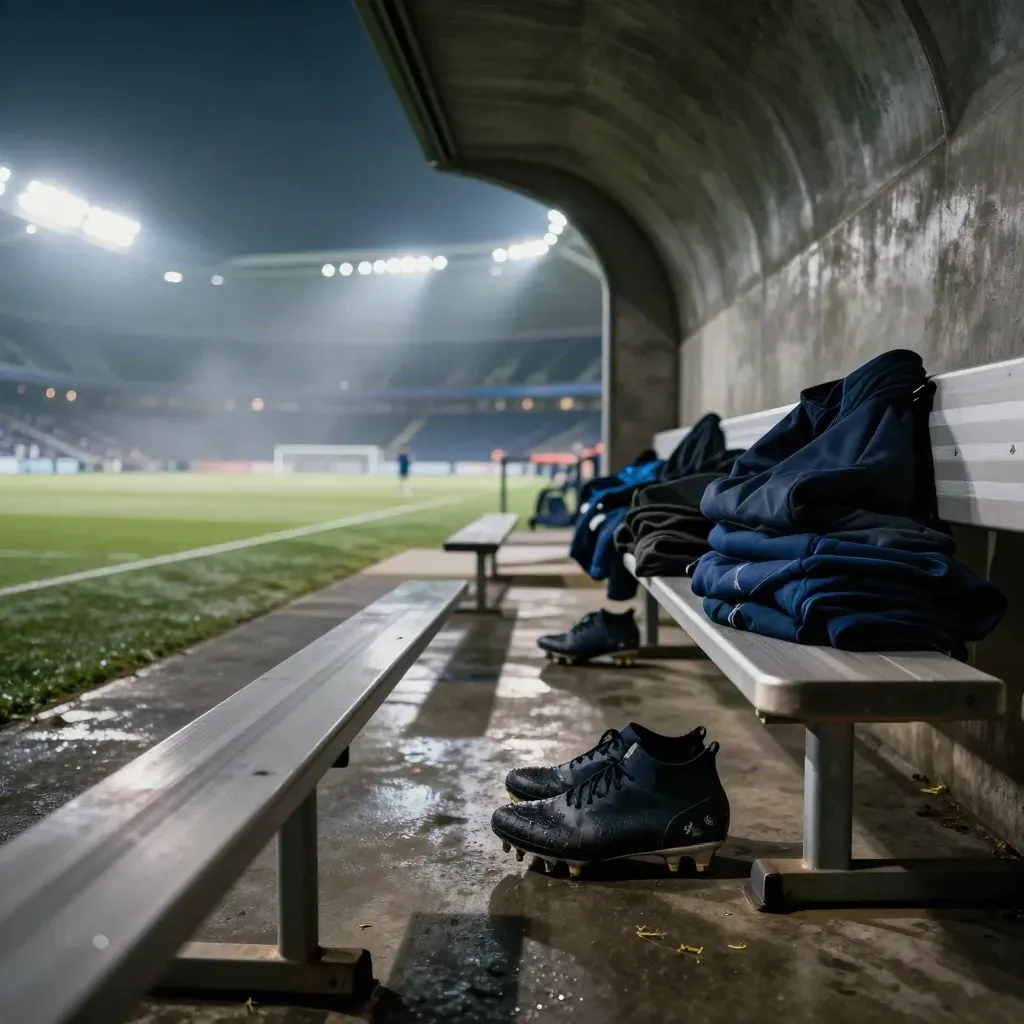Empty stadium tunnel with cleats and folded warmups, glowing field lights beyond.