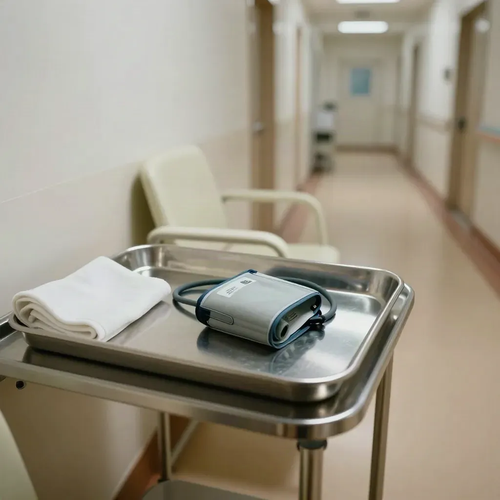 Quiet hospital corridor with tray, cuff, blanket and chairs in cool daylight.
