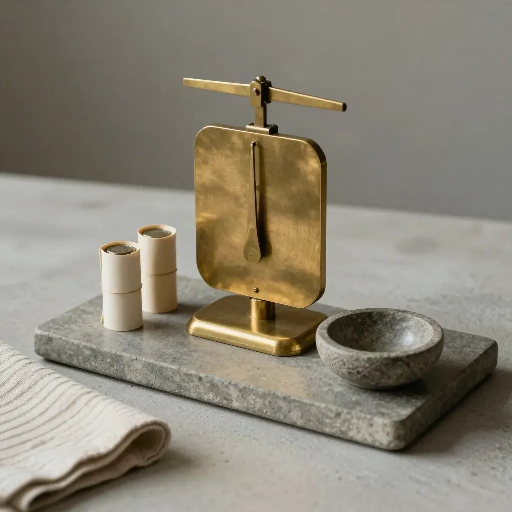 Brass desk scale with coin rolls, linen cloth and stone bowl on a stone tray
