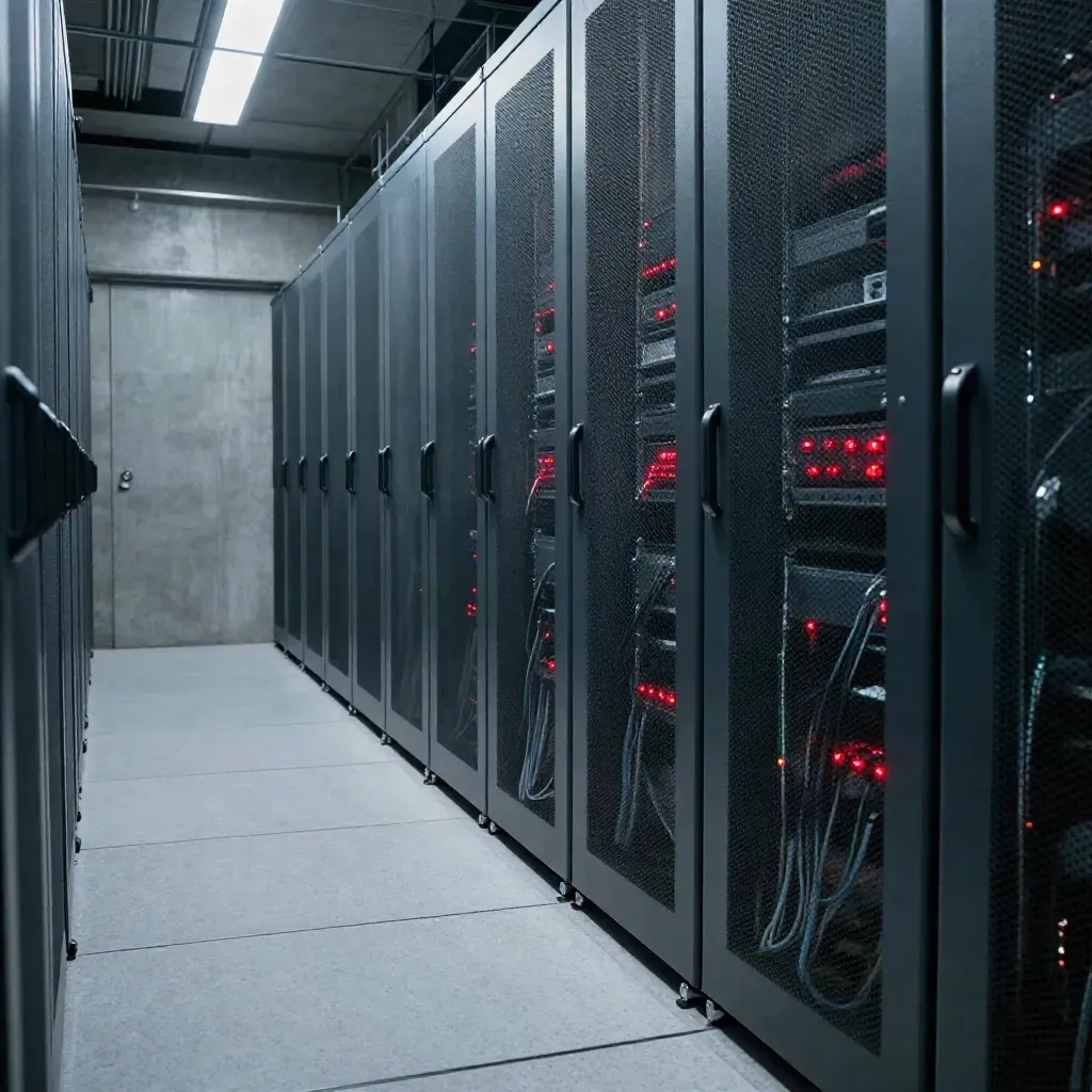Server-room aisle with glowing red status lights and cable bundles receding into depth