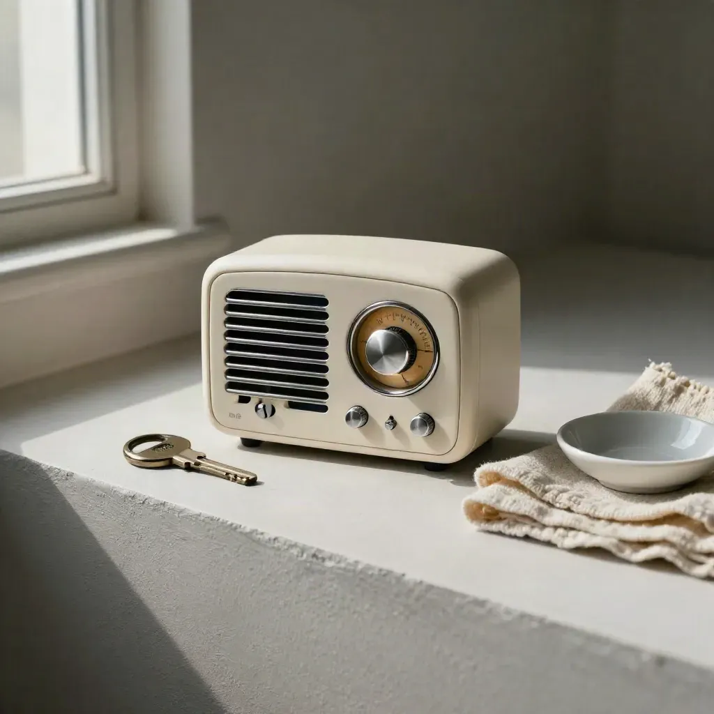 Compact navy radio with house key, folded cloth, and white dish on a plaster sweep.