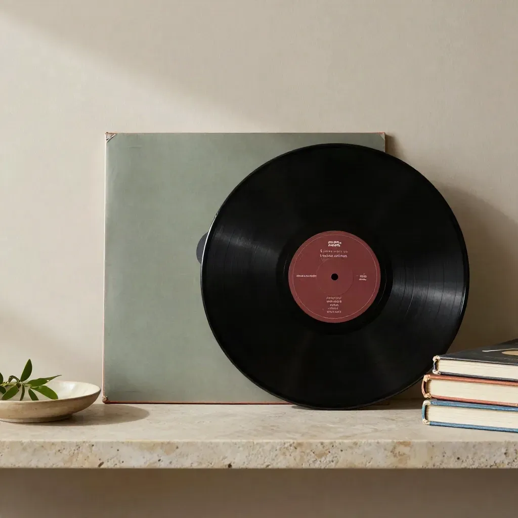 Vinyl record, face-down books, ceramic dish and greenery on a stone shelf.