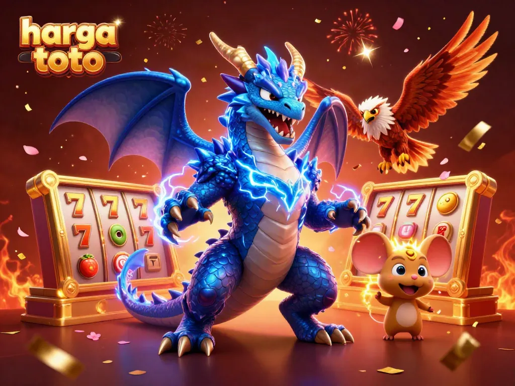 Play thrilling slots with harga toto as a thunder dragon sparks excitement in a vibrant casino scene.
