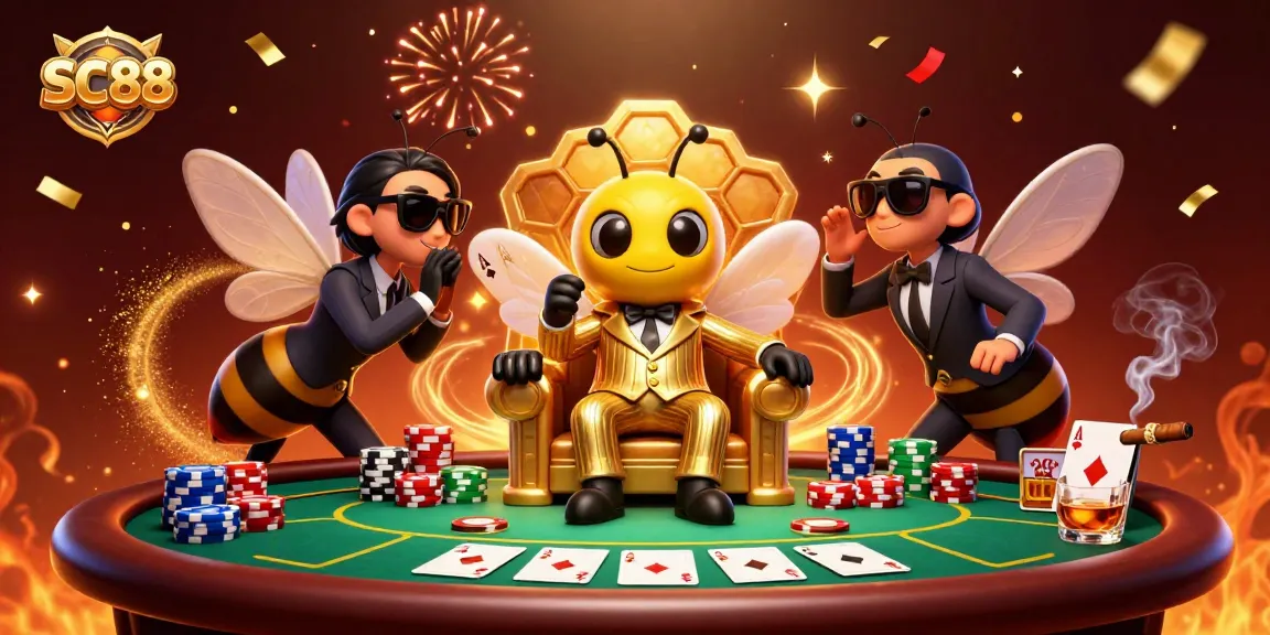 SC88 poker bumblebee mob boss surrounded by vibrant casino elements in a dynamic 3D illustration.
