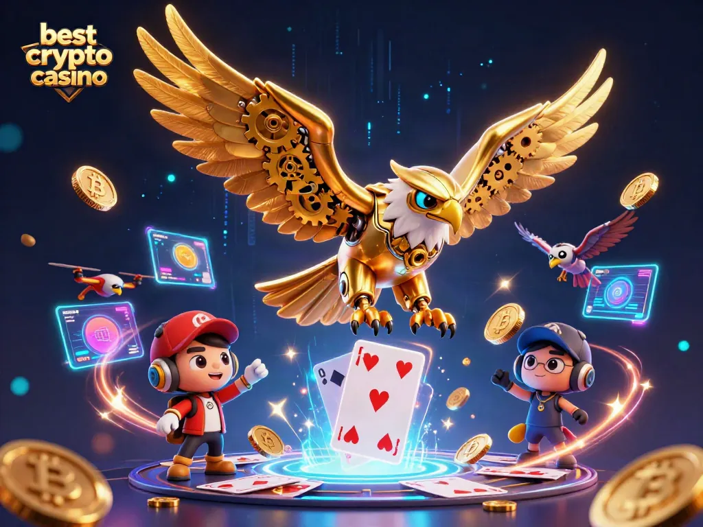 Engage with the best crypto casino featuring a dynamic scene of a cybernetic eagle amidst swirling Bitcoin and Ethereum elements.