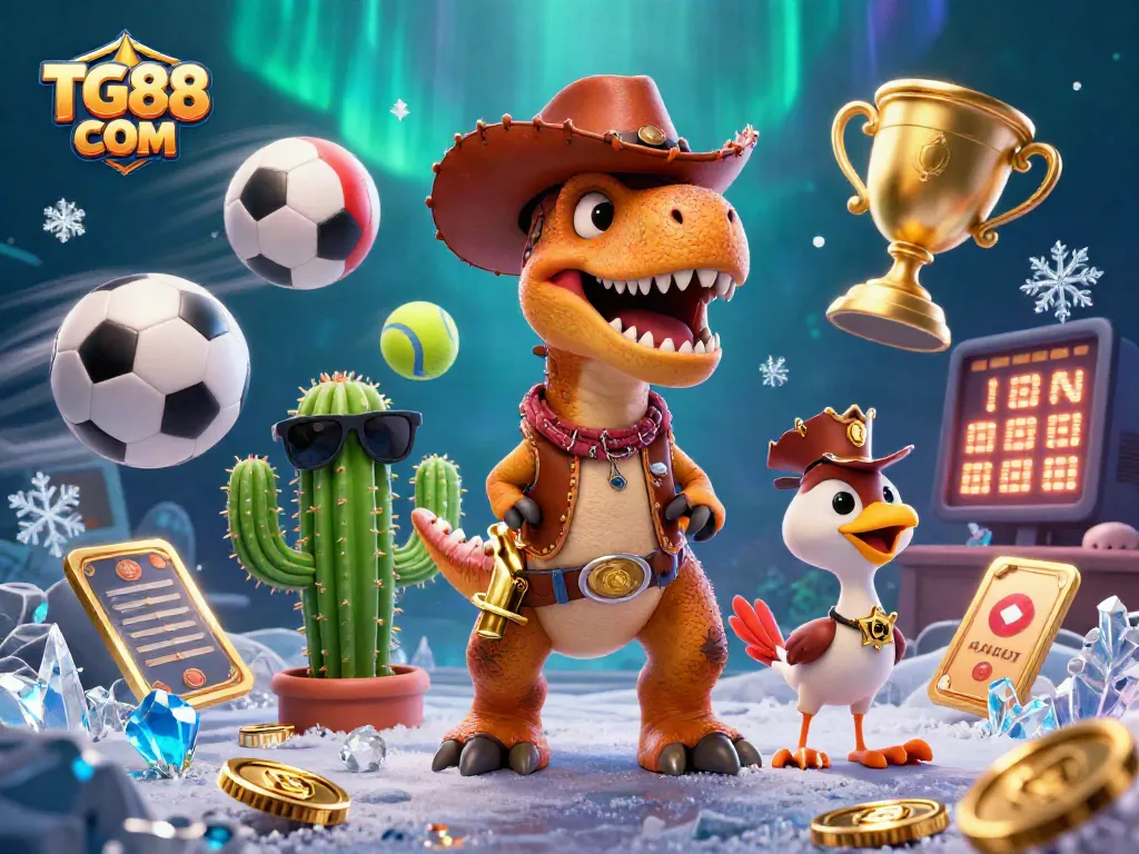 Experience immersive gaming with TG88 COM's colorful 3D casino character illustration featuring adventurous creatures.