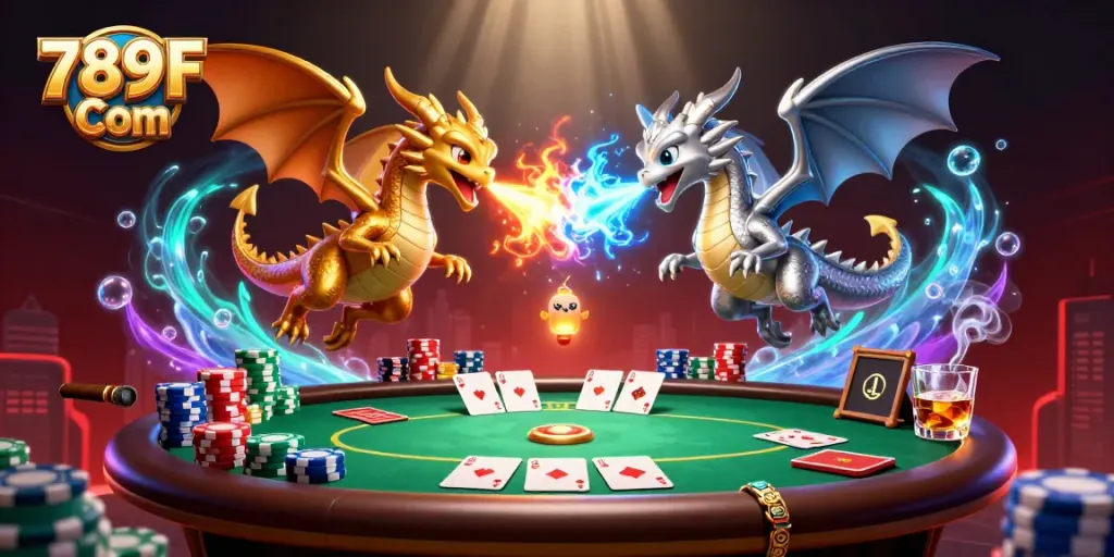 Engage with thrilling action at 789F Com as dragons battle in a vibrant casino scene.